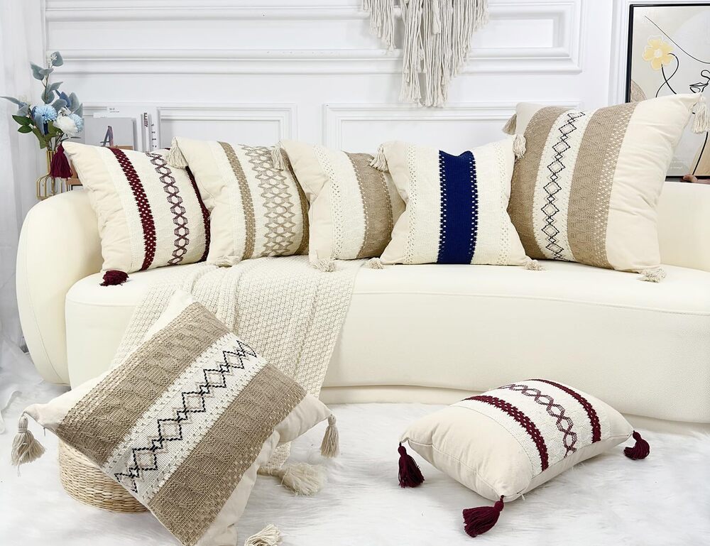 8655 Boho Throw Pillow Covers 22x22,Cute Pillow Cover with Tassels,Neutral - Picture 6 of 6